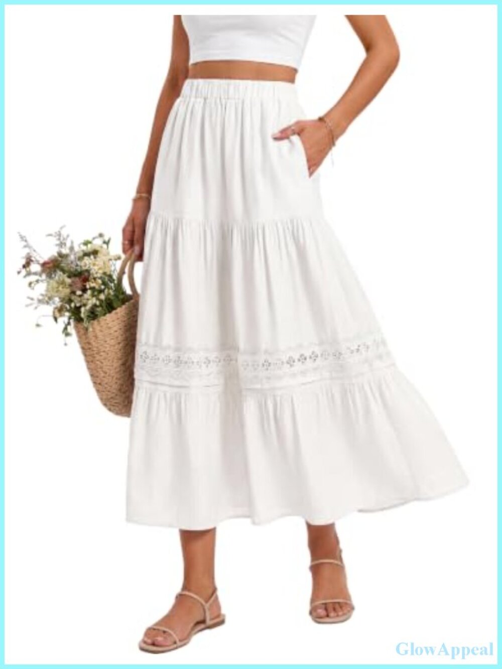 Blooming Jelly Womens Maxi Skirt High Waist A-Line Lace Trim Pockets Flowy